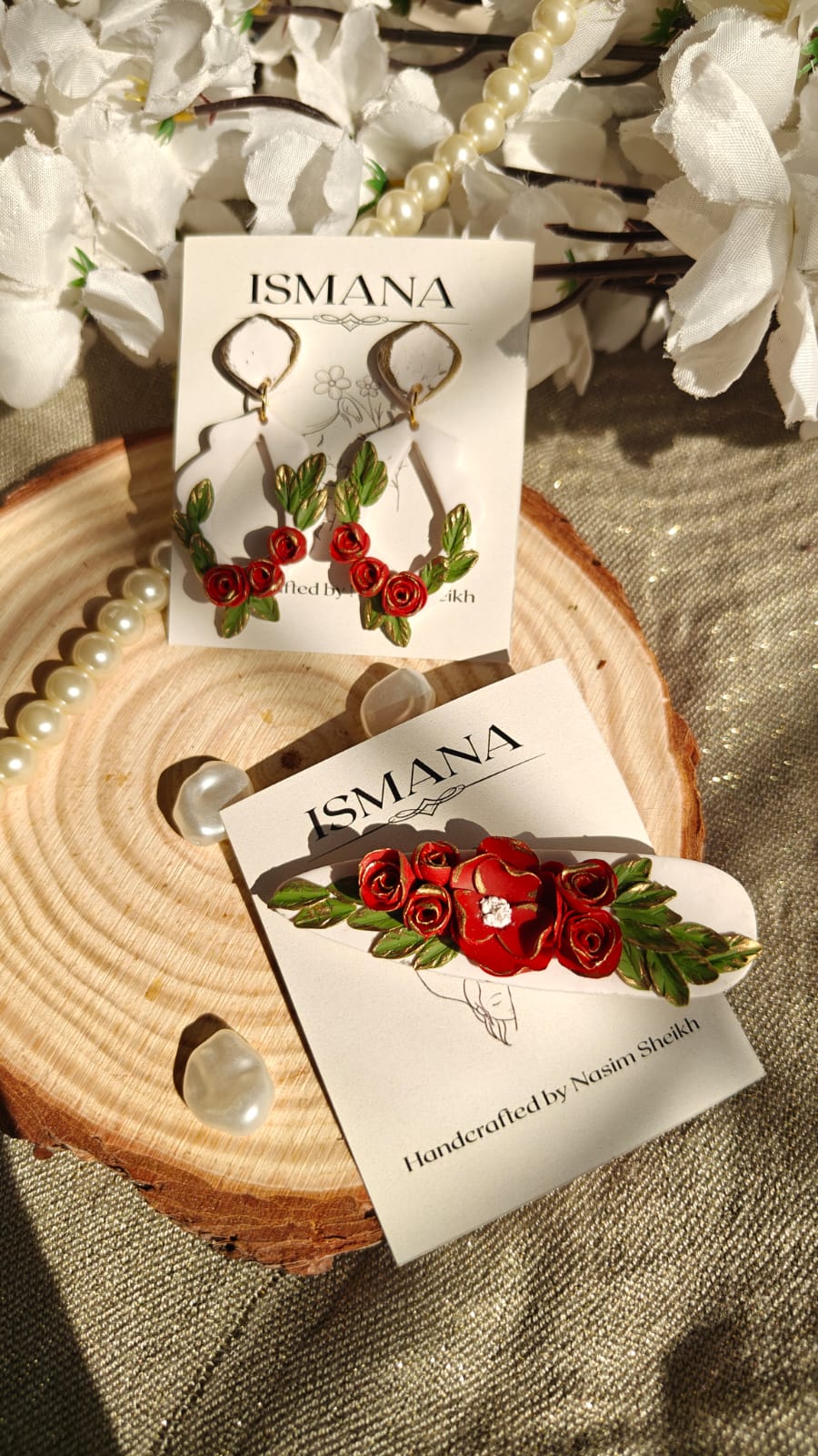 Winter Rose Hoop Earrings & Scarlet Rose Barrette