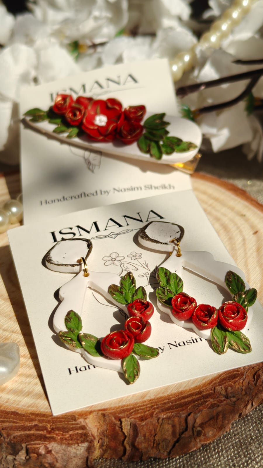 Winter Rose Hoop Earrings & Scarlet Rose Barrette