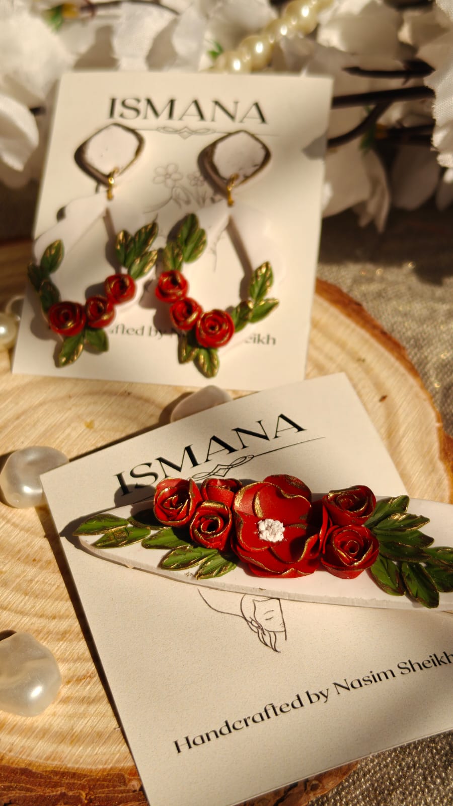 Winter Rose Hoop Earrings & Scarlet Rose Barrette
